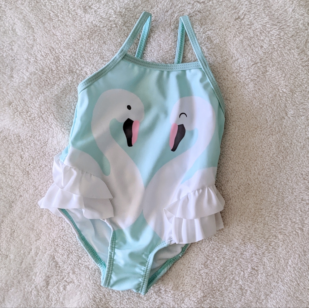 Wonder Nation Toddler Baby Blue Swan print one piece swimsuit. Size 6-12M